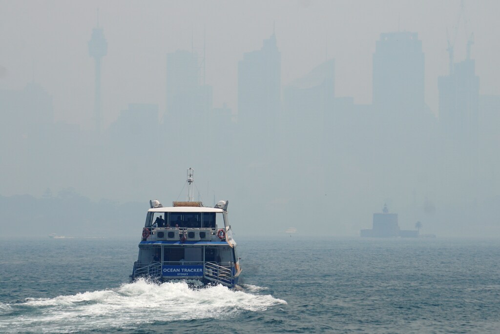 Sydney’s skyline is barely visible through smoke haze from bushfires.