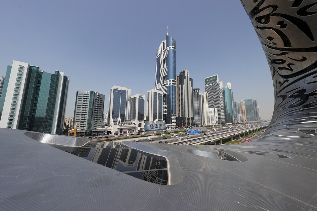 A view of the downtown skyline is seen from the Museum of the Future in Dubai, United Arab Emirates, February 23, 2022. REUTERS/Christopher Pike