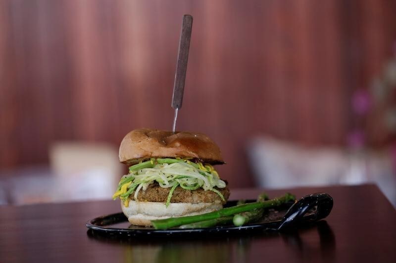 A vegan oat and chickpeas hamburger is pictured at Tasty Beet Juicy and Healthy Food restaurant in Ciudad Juarez, Mexico January 29, 2018. Picture taken January 29, 2018. REUTERS/Jose Luis Gonzalez - RC11ED279A60