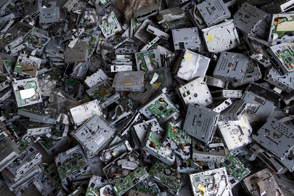 CD players for recycling are seen at a workshop in Guangdong, China.