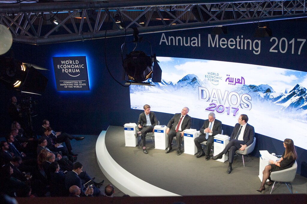 Peter Smith, Chief Executive Officer, Blockchain, USA, Khaled H. Biyari, Chief Executive Officer, Saudi Telecom, Saudi Arabia, Tarek Kabil, Minister of Trade and Industry of Egypt, Youssef Chahed, Prime Minister, Office of the Head of Government of Tunisia, Lara Habib, Senior Presenter, Al Arabiya, United Arab Emirates. speaking at the Annual Meeting 2017 of the World Economic Forum in Davos, January 18, 2017Copyright by World Economic Forum / Greg Beadle