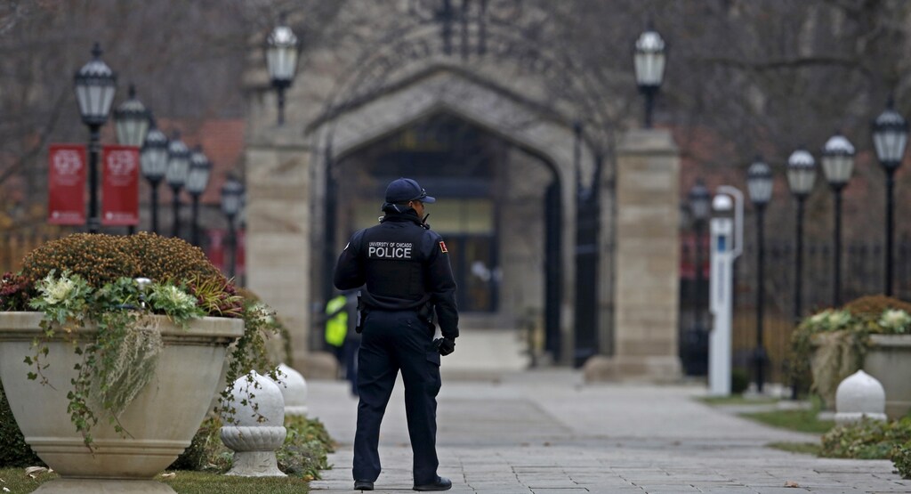 A member of the University of Chicago Police patrols the campus in Chicago, Illinois, United States, November 30, 2015.