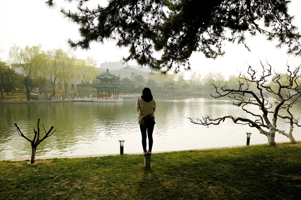 A woman stands at the shore of a lake in the park of the Diaoyutai State Guesthouse, the venue of the China Development Forum in Beijing, China, March 18, 2017.