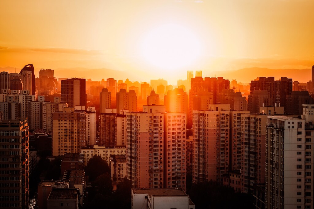 Sun silhouetting behind buildings in a city - urban greening.
