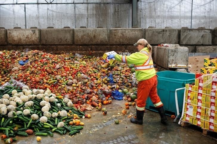 A worker dumps pre-consumer food waste before being feed to black soldier fly larvae at the Enterra Feed Corporation in Langley, British Columbia, Canada, March 14, 2018. Picture taken March 14, 2018. REUTERS/Ben Nelms