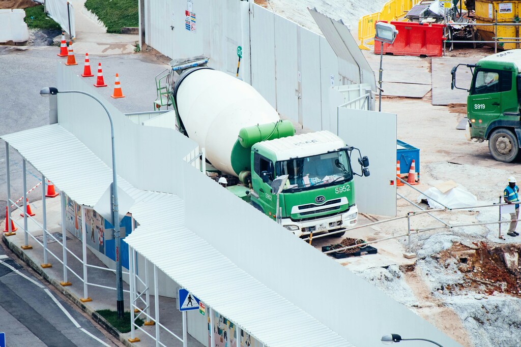 Concrete truck on a construction site.