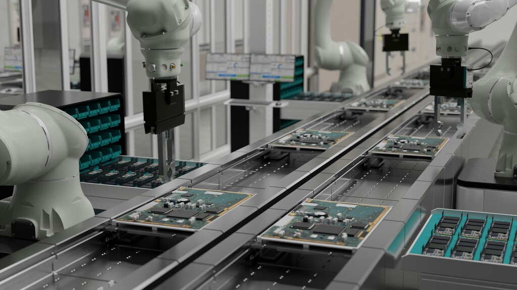 Automated robots efficiently working on a conveyor belt in a busy factory environment.