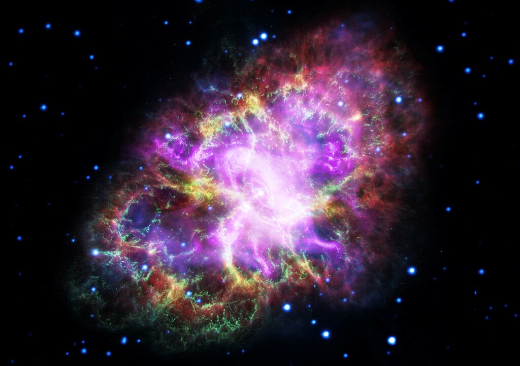 This composite image of the Crab Nebula, a supernova remnant, was assembled by combining data from five telescopes spanning nearly the entire breadth of the electromagnetic spectrum: the Karl G. Jansky Very Large Array, the Spitzer Space Telescope, the Hubble Space Telescope, the XMM-Newton Observatory, and the Chandra X-ray Observatory. Photo released May 10, 2017. NASA, ESA, NRAO/AUI/NSF and G. Dubner (University of Buenos Aires)/Handout via REUTERS ATTENTION EDITORS - THIS IMAGE WAS PROVIDED BY A THIRD PARTY - RC1A10245930