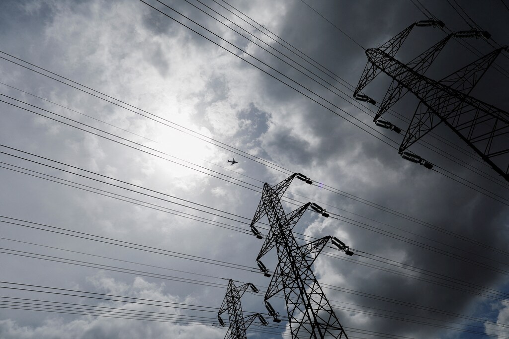 Electricity transmission pylons.