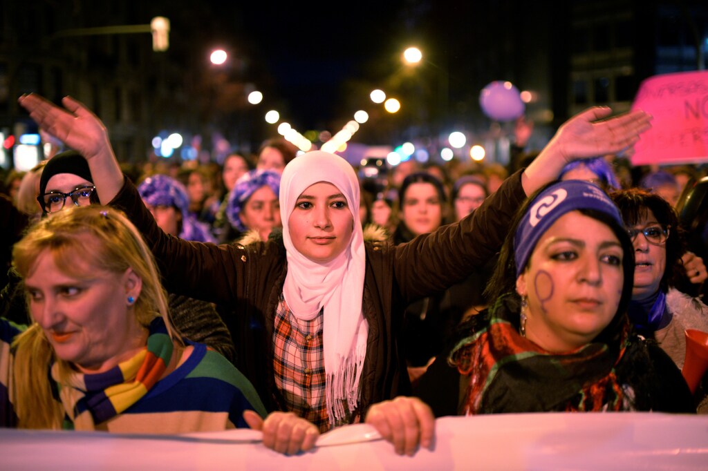 Protesters stage a demonstration as part of a nationwide women's strike against gender inequality that coincides with International Women's Day in Bilbao, Spain March 8, 2018. REUTERS/Vincent West TPX IMAGES OF THE DAY - RC14A24BACE0