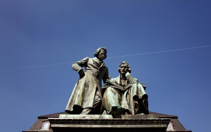 The statue of German fairy tales writers Jacob and Wilhelm Grimm is seen on the market place of their hometown Hanau near Frankfurt, Germany, March 18, 2016. REUTERS/Kai Pfaffenbach