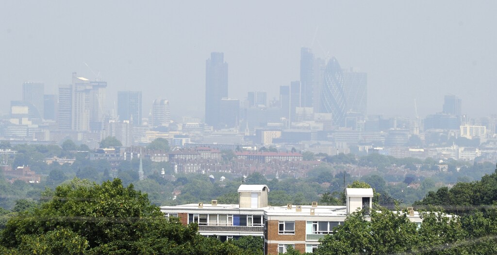Buildings in the financial district are obscured in a haze, as seen from Crystal Palace in south London June 26, 2010. The City of London financial district has now breached government air quality objectives by recording excessive pollution levels over 36 days in 2010, according to the London Air Quality Network. REUTERS/Paul Hackett (BRITAIN - Tags: CITYSCAPE ENVIRONMENT HEALTH) - LM1E66Q0XKE01
