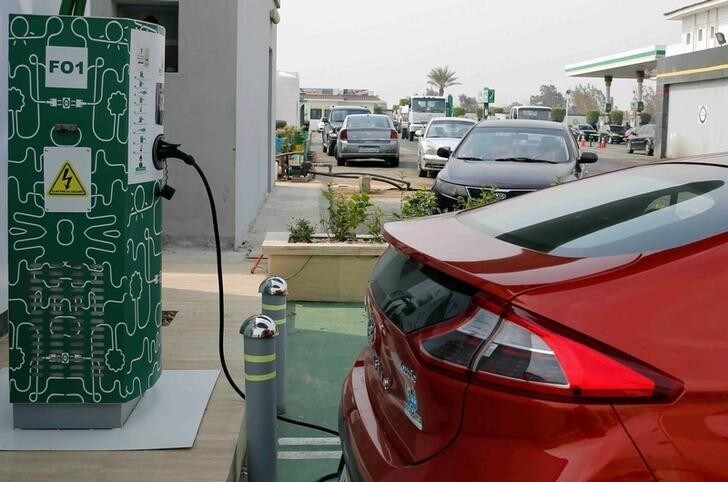 An electric car charging box is seen with Hyundai's Ioniq as an effort to reduce fuel consumption and gradually decrease the country's carbon footprint, at Revolta charging station in Cairo, Egypt, February 19, 2018. Picture taken February 19, 2018. REUTERS/Amr Abdallah Dalsh