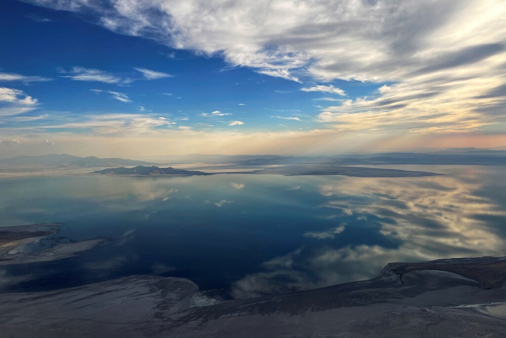 Clouds are reflected in the drought affected Great Salt Lake outside Salt Lake City, Utah, US.