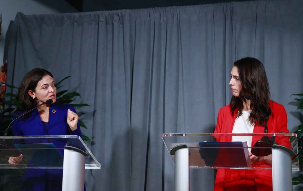 New Zealand's Prime Minister Jacinda Ardern (R) and Sheryl Sandberg, COO of Facebook and current chair of the Global Internet Forum to Counter Terrorism (GIFCT), give a news conference on the sidelines during the 2019 United Nations Climate Action Summit at U.N. headquarters in New York City, New York, U.S., September 23, 2019. REUTERS/Yana Paskova - HP1EF9N1SRL35