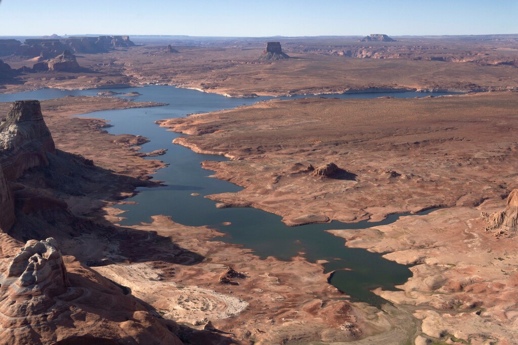 Critically low water levels in Lake Powell, a reservoir of the Colorado River, near Page, Arizona.