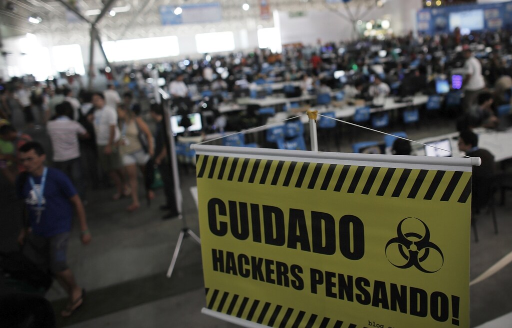 A banner is seen in a "Campus Party" Internet users gathering in Sao Paulo January 28, 2014. Campus Party is an annual week-long, 24-hour technology festival that gathers around 8000 hackers, developers, gamers and computer geeks from around the world.