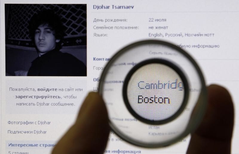 A photograph of Djohar Tsarnaev, who is believed to be Dzhokhar Tsarnaev, a suspect in the Boston Marathon bombing, is seen on his page of Russian social networking site Vkontakte (VK), as pictured on a monitor in St. Petersburg April 19, 2013. Tsarnaev posted links to Islamic websites and others calling for Chechen independence on what appears to be his page on the site. Police launched a massive manhunt for Tsarnaev, 19, after killing his older brother Tamerlan Tsarnaev in a shootout overnight. (RUSSIA - Tags: CRIME LAW CIVIL UNREST TPX IMAGES OF THE DAY) - GM1E94J1MFC01
