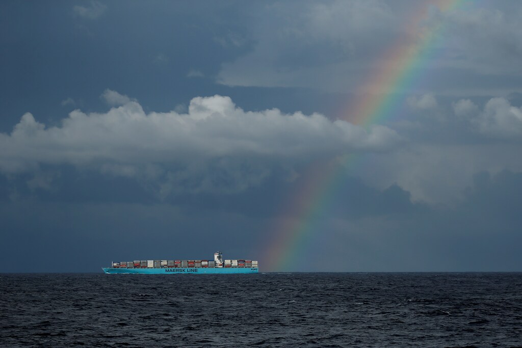 A rainbow is seen over the container ship 'Maersk Genoa' as it sails off the northern coast of Tunisia in the central Mediterranean December 1, 2018. REUTERS/Darrin Zammit Lupi - RC1B72830B50