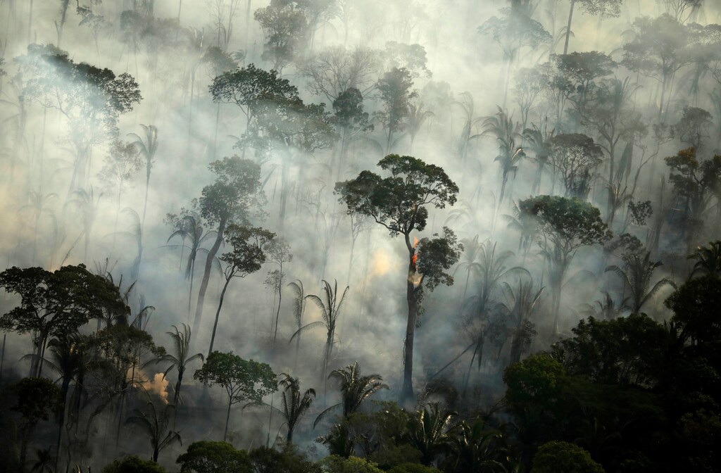 Smoke billows during a fire in an area of the Amazon rainforest near Porto Velho, Rondonia State, Brazil, September 10, 2019. REUTERS/Bruno Kelly - RC1562CB8500
