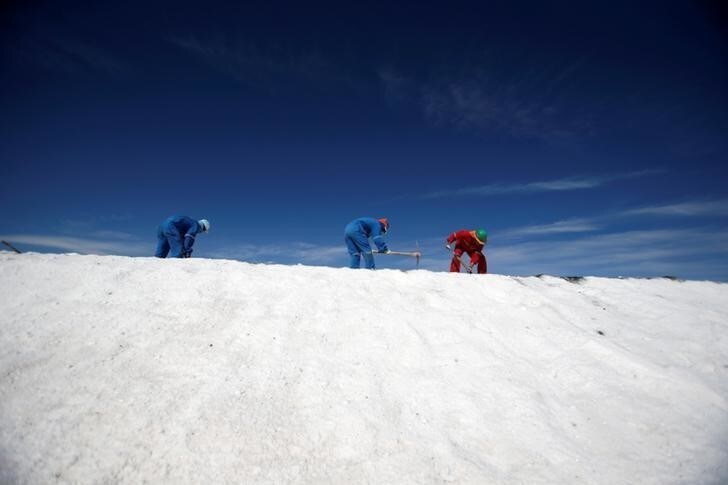 Labourers work at the Rockwood lithium plant on the Atacama salt flat, the largest lithium deposit currently in production, in the Atacama desert of northern Chile January 8, 2013. REUTERS/Ivan Alvarado/File Photo GLOBAL BUSINESS WEEK AHEAD PACKAGE - SEARCH 'BUSINESS WEEK AHEAD MAY 16' FOR ALL IMAGES