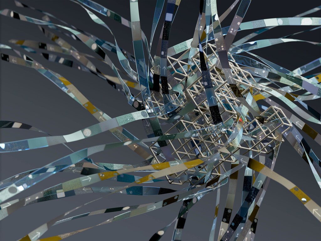 Ribbons of data around a cuboid frame: Human input into artificial intelligence processes can lead to data and algorithmic bias.