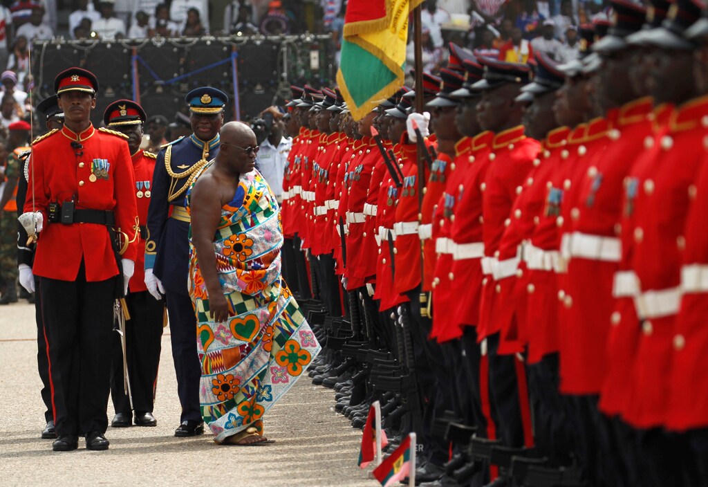 Ghana's new President Nana Akufo-Addo inspects a military parade after the swearing in ceremony at Independence Square in Accra, Ghana January 7, 2017. REUTERS/Luc Gnago - RTX2YH6V