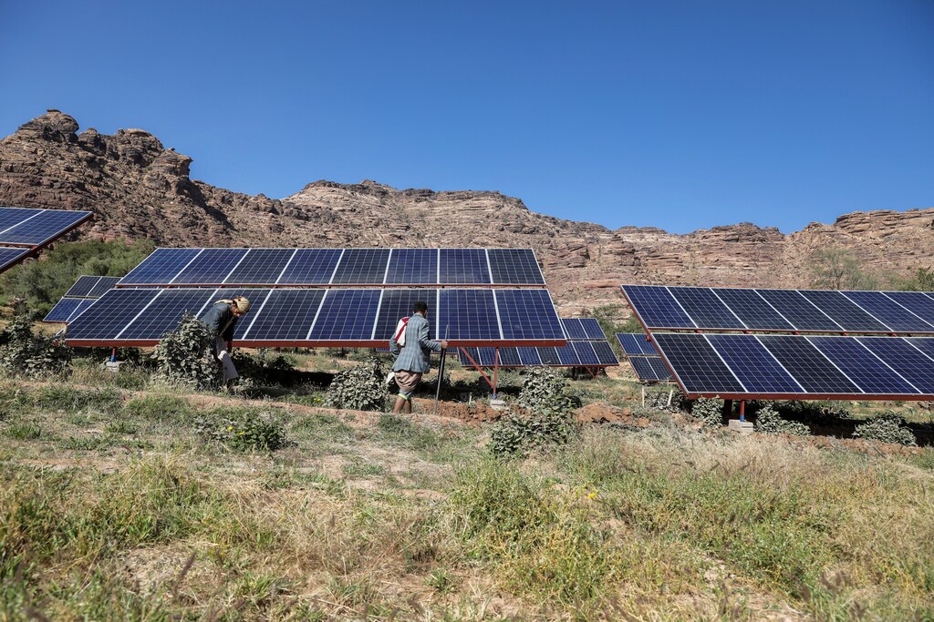 Farmers work next to solar panels at a farmland in Wadi Dhahr near Sanaa, Yemen October 28, 2019. Picture taken October 28, 2019. REUTERS/Khaled Abdullah - RC21DD9BIQVV