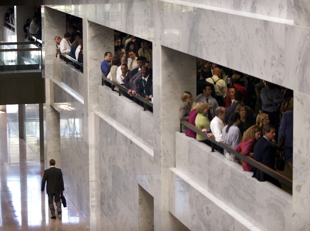 Staff members who work on Capitol Hill line up on the second floor of the Hart Senate Office Building October 17, 2001 for anthrax testing. 29 staffers who work in the office of Senate [Majority Leader Tom Daschle] tested positive for exposure to anthrax after a letter was opened in his office on October 15. - RTXKTFB