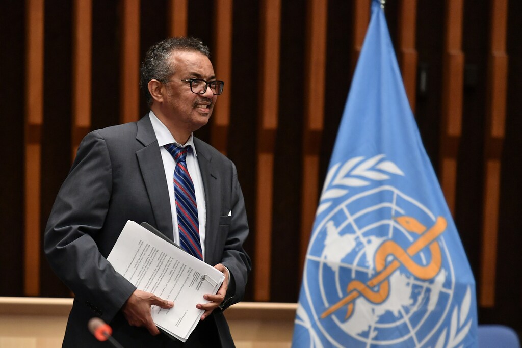 World Health Organization (WHO) Director-General Tedros Adhanom Ghebreyesus arrives at a news conference organized by Geneva Association of United Nations Correspondents (ACANU) amid the COVID-19 outbreak, caused by the novel coronavirus, at the WHO headquarters in Geneva Switzerland July 3, 2020. Fabrice Coffrini/Pool via REUTERS - RC2TLH9YJKTZ