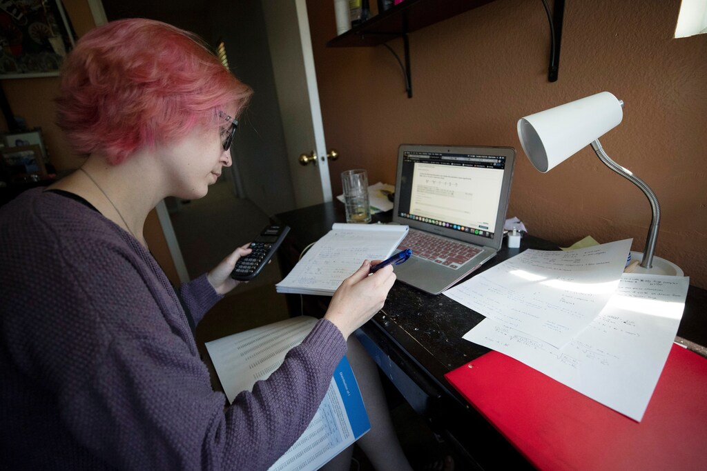 George Washington University student Jillian Kislow takes the final test of her semester in Techniques of Data Analysis online, during the global outbreak of the coronavirus disease (COVID-19), in Pasadena, California, U.S., May 5, 2020. REUTERS/Mario Anzuoni - RC2JIG9LU0O8