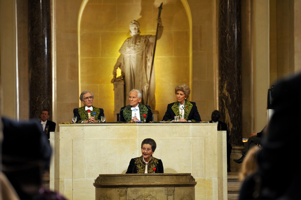 French politician Simone Veil (C), dressed in the French Academician's uniform of a black jacket embroidered in green laurel leaves, delivers a speech during a ceremony at the Institut de France in Paris March 18, 2010. Veil was inducted into the French Academy (Academie Francaise) as an 'Immortels'. Top : Yves Pouliquen (L), Jean d'Ormesson (C), Dean of the French Academy, and Academician Helene Carrere d'Encausse (R). REUTERS/Philippe Wojazer (FRANCE - Tags: POLITICS) - PM1E63I1F9V01