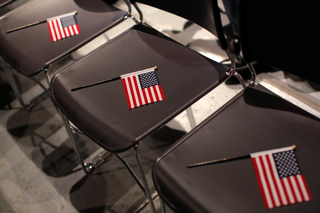 U.S. flags are placed on seats before a special citizenship ceremony for children at the Museum of Food and Drink in Brooklyn, New York City, U.S. December 23, 2016.