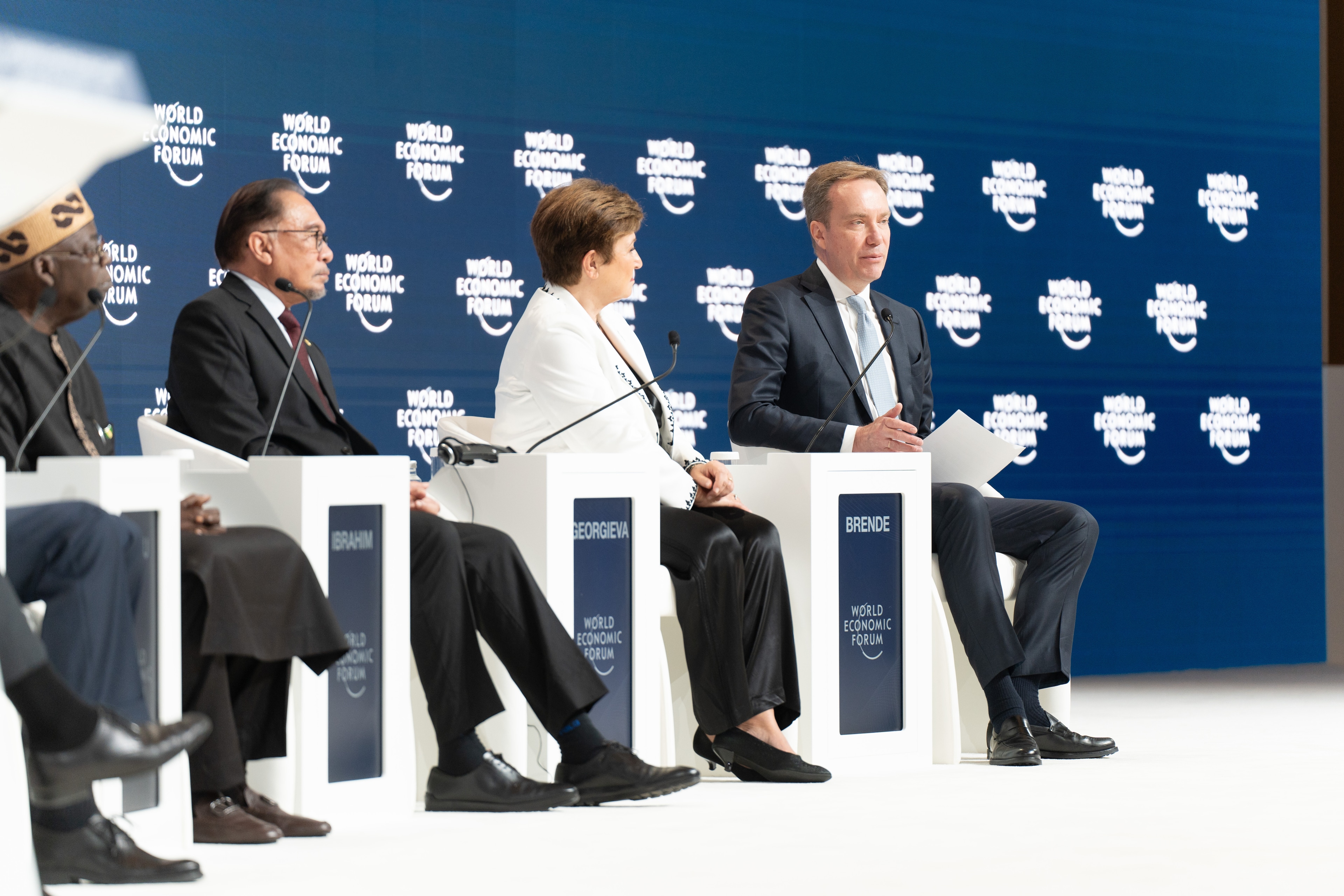 Anwar Ibrahim, Prime Minister of Malaysia; Bola Ahmed Tinubu, President of Nigeria; BÃ¸rge Brende, President, World Economic Forum; Faisal Alibrahim, Minister of Economy and Planning of Saudi Arabia; Kristalina Georgieva, Managing Director, International Monetary Fund (IMF), Washington, DC; Maroun Kairouz, Head of Middle East and North Africa, World Economic Forum; Paul Kagame, President of Rwanda; Peter Orszag, Chief Executive Officer, Lazard, USA; Speaking in the Opening Plenary: A New Vision for Global Development session at the Special Meeting on Global Collaboration, Growth and Energy for Development 2024. Riyadh, Saudi Arabia. 28 April 2024. King Abdul Aziz International Conference Center, Plenary.Copyright: World Economic Forum/Deepu Das