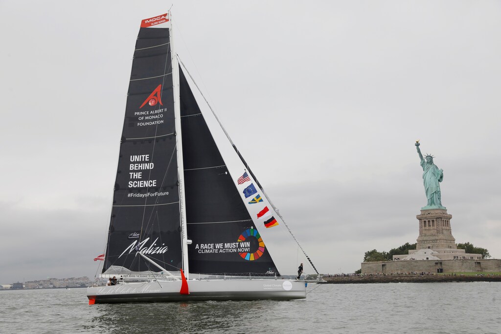 Swedish 16-year-old activist Greta Thunberg sails past the Statue of Liberty on the Malizia II racing yacht in New York Harbor as she nears the completion of her trans-Atlantic crossing in order to attend a United Nations summit on climate change in New York, U.S., August 28, 2019. REUTERS/Mike Segar TPX IMAGES OF THE DAY - RC1D2F087CB0
