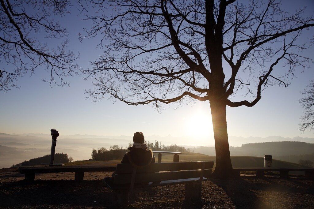 A women sits on a bench on the top of the Gurten mountain in the early morning in Bern, Switzerland December 29, 2015. REUTERS/Ruben Sprich - D1AESEBXMNAA