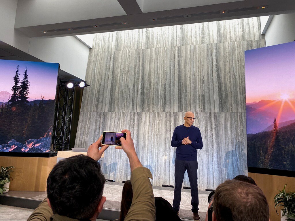 Microsoft CEO Satya Nadella speaks at the company's headquarters to introduce the company's new AI-powered search engine.