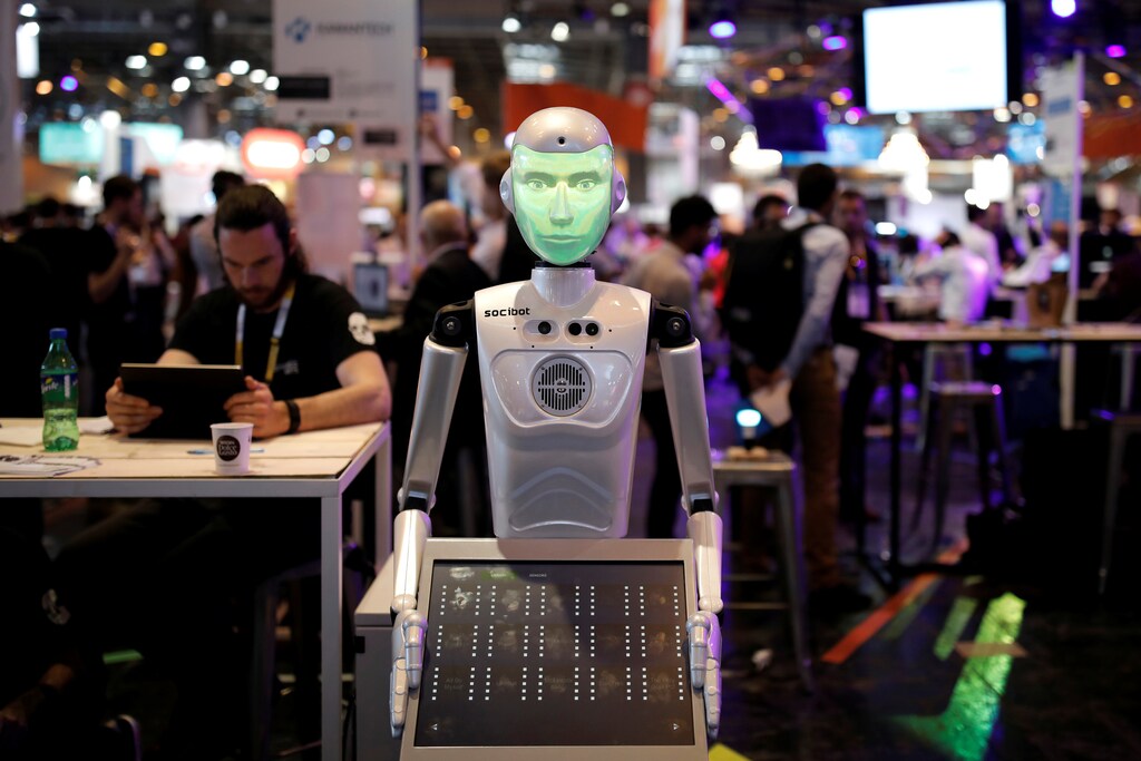 A 'SociBot' humanoid robot, manufactured by Engineered Arts, is displayed at the Viva Technology conference in Paris, France, June 15, 2017. REUTERS/Benoit Tessier - RTS177L1