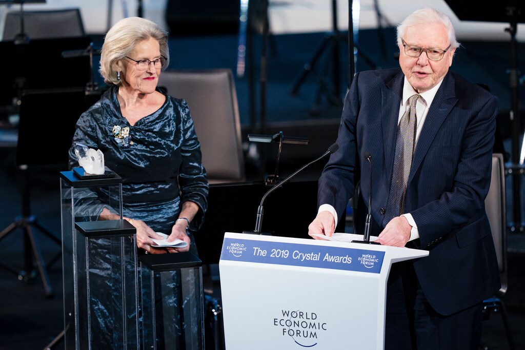 Hilde Schwab andSir David Attenborough captured during the Session: The 25th Annual Crystal Awards at the Annual Meeting 2019 of the World Economic Forum in Davos, January 21, 2019.Copyright by World Economic Forum / Manuel Lopez