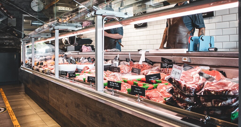 A store is selling various kinds of meat.