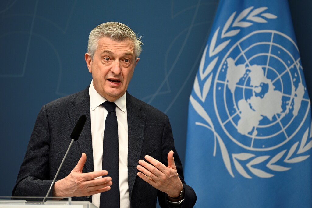 The United Nations High Commissioner for Refugees Filippo Grandi speaks during a news conference in Stockholm, Sweden.