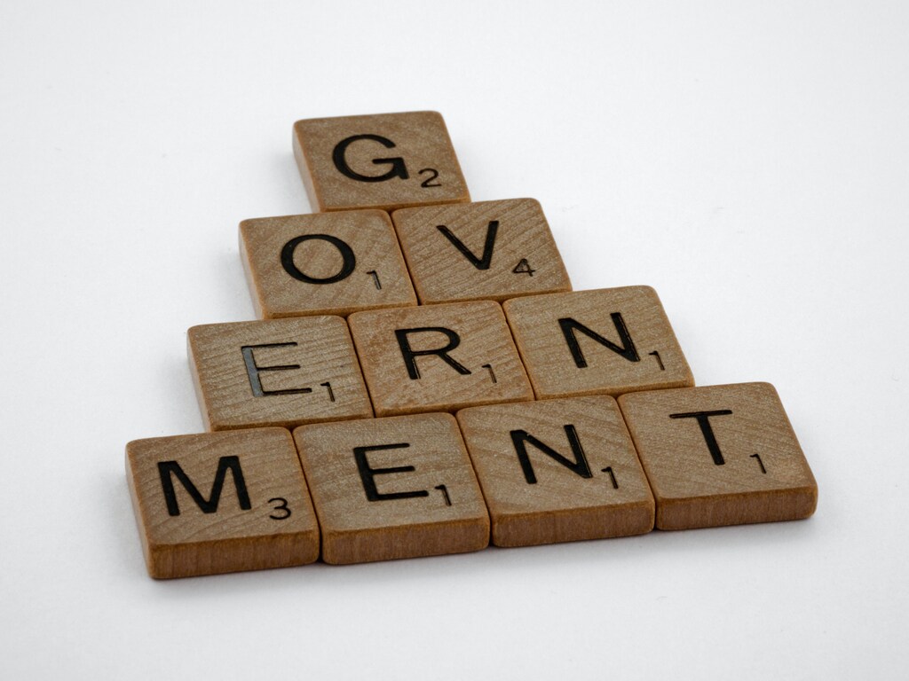 Scrabble letters displaying the word 'government' in a triangular formation.