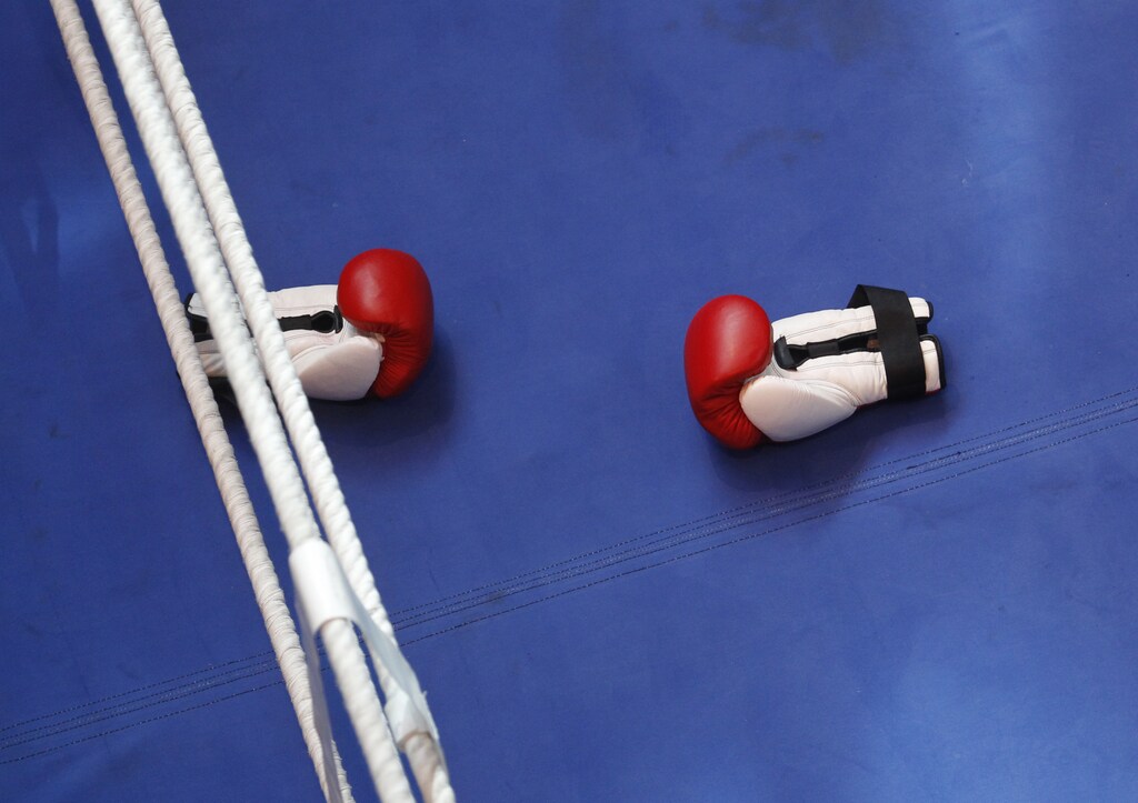 Boxing gloves are seen during a training session of heavyweight title holder boxer Vladimir Klitschko of Ukraine in Duesseldorf March 17, 2010. Klitschko will fight Eddy Chambers of the U.S. for the IBF/WBO and IBO world heavyweight championship title, March 20 in Duesseldorf. REUTERS/Ina Fassbender (GERMANY - Tags: SPORT BOXING) - BM2E63H146D01