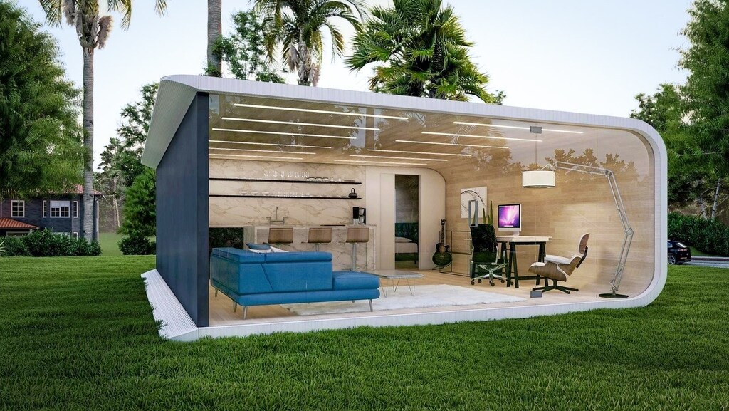 A computer-generated image of a 3D-printed house