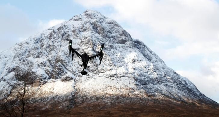A drone flies at the foot of the mountain Buachaille Etive Mor near Ballachulish, Scotland, Britain November 30, 2017. REUTERS/Russell Cheyne