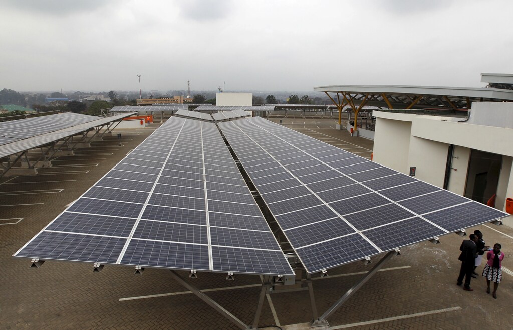 Solar panels are pictured at a solar carport at the Garden City shopping mall in Kenya's capital Nairobi, September 15, 2015. The Africa's largest solar carport with 3,300 solar panels will generate 1256 MWh annually and cut carbon emission by around 745 tonnes per year, according to Solarcentury and Solar Africa. REUTERS/Thomas Mukoya - GF10000206553