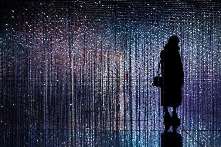 A visitor poses at a digital installation which is a part of "Dance! Art Exhibition, Learn & Play!" by Japanese group teamLab in Taipei, Taiwan January 16, 2017. REUTERS/Tyrone Siu