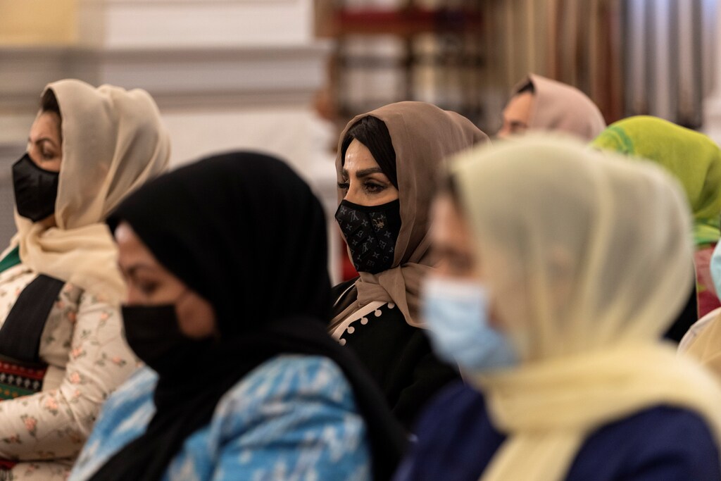 Afghan women, part of a group of lawyers and judges who fled Afghanistan following the Taliban takeover, meet with Greek President Katerina Sakellaropoulou at the Presidential Palace, in Athens, Greece, October 12, 2021: The exclusion of Afghan women from society harms the entire nation