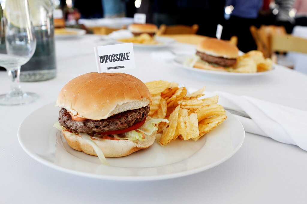 A plant-based hamburger produced in Redwood City, California