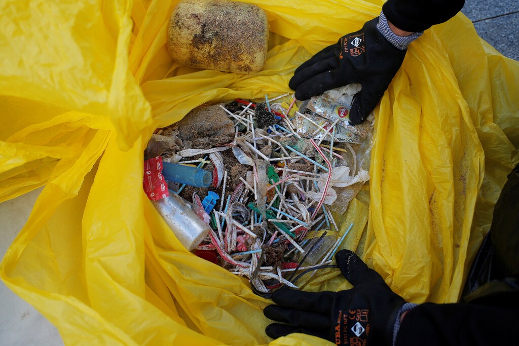 A volunteer shows ear sticks and plastics after a garbage collection, ahead of World Environment Day on La Costilla Beach, on the coast of the Atlantic Ocean in Rota, Spain June 2, 2018. REUTERS/Jon Nazca - RC193FA08000
